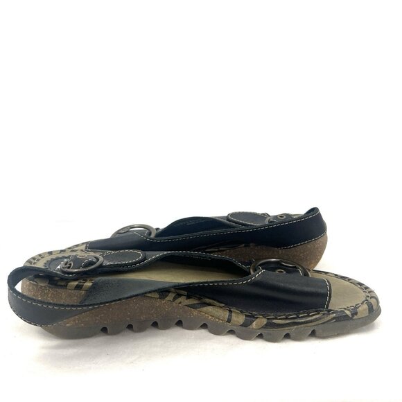 Fly London Tram Black Leather Wedge Sandals Womens 41 US 10-10.5 - Picture 4 of 10